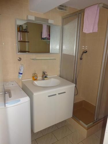 une salle de bain avec un lavabo et une douche dans l'établissement Entre mer et lac Salagou, à Saint-André-de-Sangonis