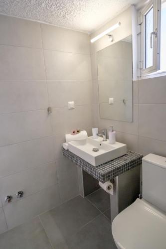 a white bathroom with a sink and a toilet at Blue Senses Apartments in Sarti