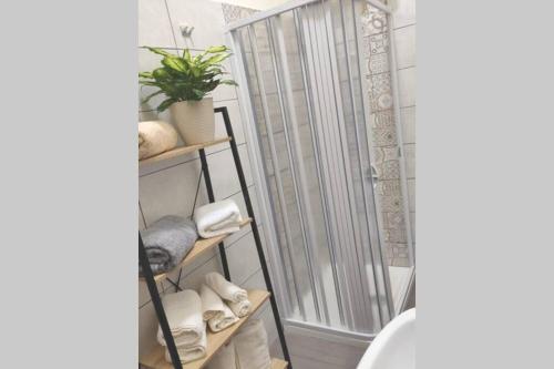 un baño con ducha y espejo en Apartment Miriade, en Balestrate