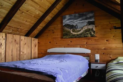 ein Schlafzimmer mit einem Bett in einer Holzhütte in der Unterkunft Sojenica Ivona in Ulcinj