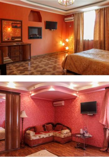 a room with a bed and a room with a couch at Гостинний маєток in Myla