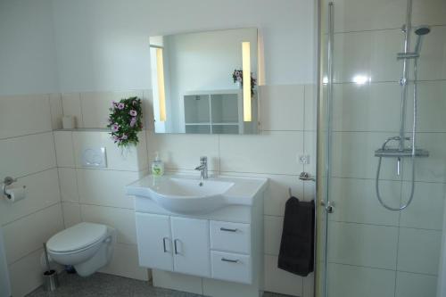 a bathroom with a sink and a shower and a toilet at Værelse i Augustenborg i stor villa in Augustenborg