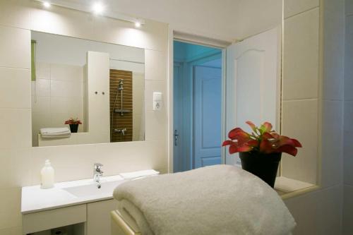 a bathroom with a sink and a mirror at Toldi68 Apartmanház in Keszthely