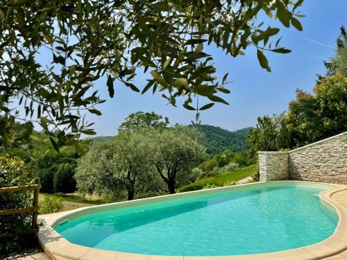 a swimming pool in a garden with trees and mountains at Rosy25 in San Michele