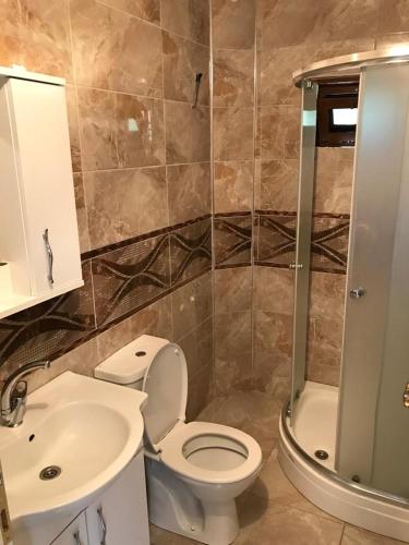 a bathroom with a toilet and a sink and a shower at Karenes KUZEY Pansıyon in Çaykara