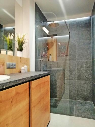 a bathroom with a shower with a glass door at WIDOKOWO Apartamenty in Ełk