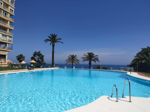 a large swimming pool with palm trees and the ocean at Apartamento de diseño en la playa in Torremolinos