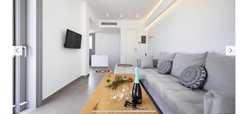 a living room with a couch and a coffee table at Harma Villas in Andros