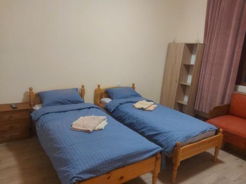 two beds in a room with blue sheets and a chair at Цар Освободител 108 in Ruse
