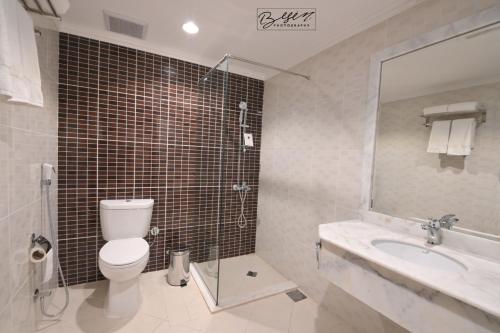 メディナにあるفندق دوما - Domma Hotelのトイレ、シャワー、洗面台を備えたバスルーム
