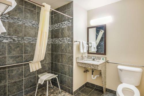 y baño con aseo y ducha. en Quality Inn & Suites Eldridge Davenport North, en Eldridge
