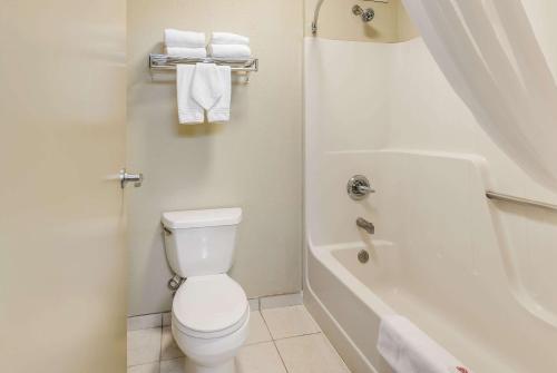 a white toilet sitting next to a shower in a bathroom at Comfort Suites Chicago O'Hare Airport in Schiller Park