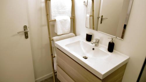 une salle de bain avec un lavabo blanc et un miroir dans l'établissement Rives Occitanes, Appartement Toulouse Purpan, à Toulouse