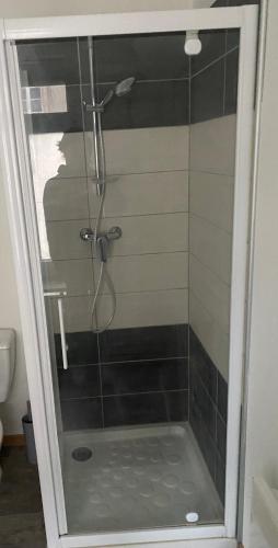 une douche avec une porte vitrée dans une salle de bain dans l'établissement Studio Bohème, à Boulogne-sur-Mer