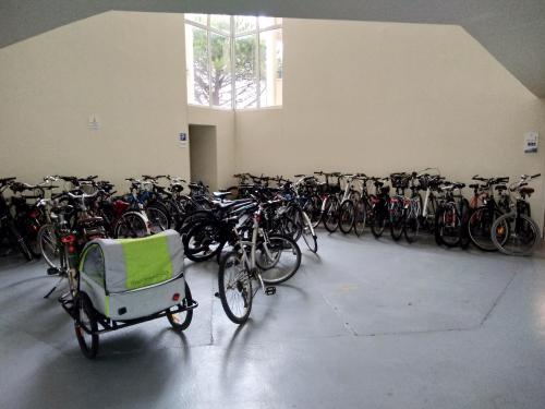 un gran grupo de bicicletas estacionadas en una habitación en BLEU MARINE Vue sur l'Océan, en Lacanau-Océan
