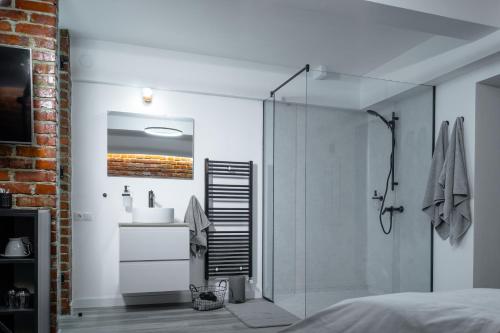 een badkamer met een glazen douchecabine en een bed bij Sibiu Escape Residence in Sibiu