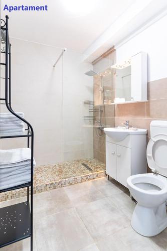 a bathroom with a shower and a toilet and a sink at Zeka's Properties in Mamaia