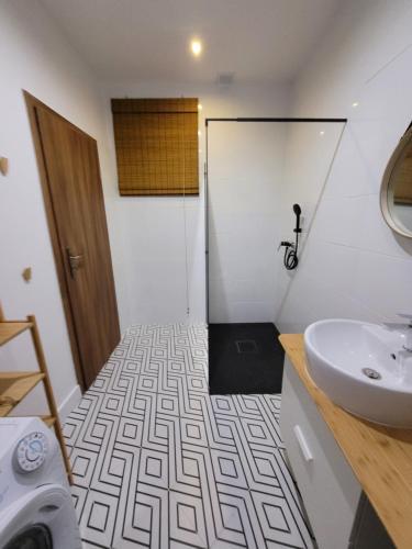 ein Bad mit einer Dusche, einem Waschbecken und einem WC in der Unterkunft Apartament Flaming in Jurata