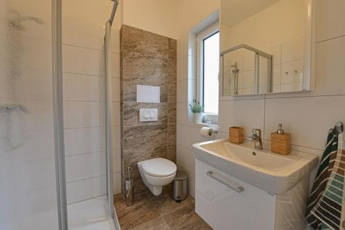 a bathroom with a sink and a toilet and a shower at Ubytování De Donawitz in Dolní Dunajovice