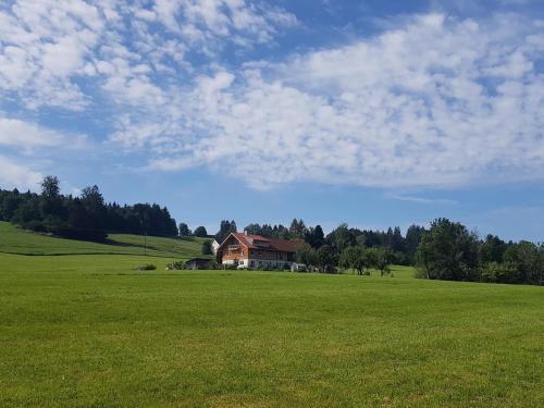 una casa en medio de un campo verde en Ferienwohnung Reisach en Lindenberg im Allgäu