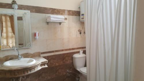 uma casa de banho com um lavatório, um WC e um espelho. em Misr Hotel em Alexandria