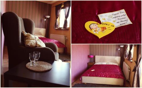 Tres fotos de una habitación con una cama y un corazón en Penzión na Slnečnej stráni, en Vyhne