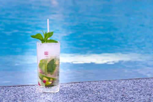 a drink with a green plant in it next to a pool at Hotel & Spa Relais Freedom Club in Massa Lubrense