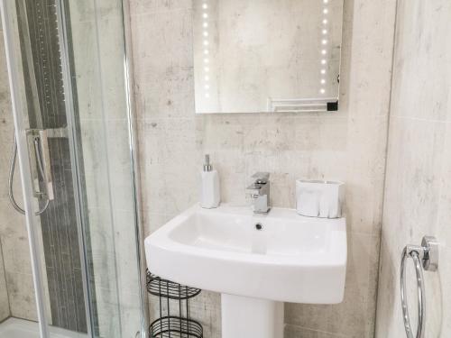 W łazience znajduje się biała umywalka i prysznic. w obiekcie Dove Lodge w mieście Beaworthy