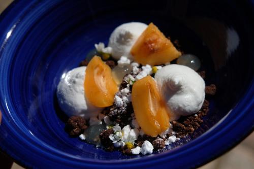 a blue bowl of food with ice cream and fruit at Masseria Sant'Agapito in Lucera