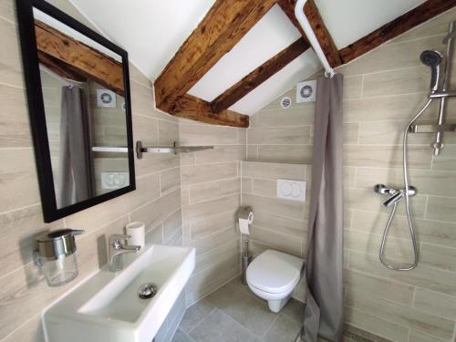 een badkamer met een wastafel, een toilet en een spiegel bij Lighthouse.Izola in Izola
