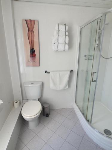 a white bathroom with a toilet and a shower at The Dudley Hotel in Blackpool