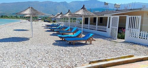 rząd niebieskich krzeseł i parasoli na plaży w obiekcie Karaburun Sunset Beach w mieście Orikum