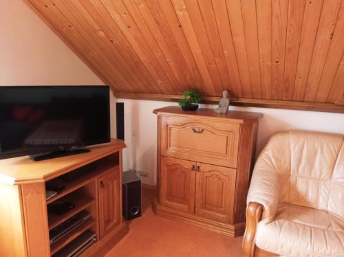 a living room with a flat screen tv and a chair at CHALUPA OSTRAVICE in Ostravice