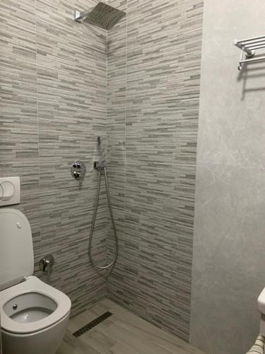 a bathroom with a toilet and a shower at Red Rose Guest House in Golem
