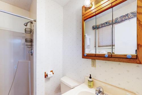 La salle de bains est pourvue d'un lavabo, d'un miroir et de toilettes. dans l'établissement Snowcone, à Bartlett