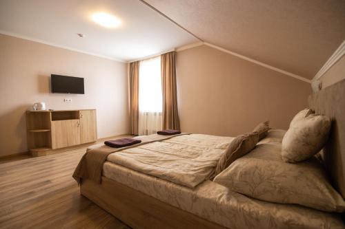 a hotel room with a bed and a television at Praktik Hotel & Restaurant in Berehove