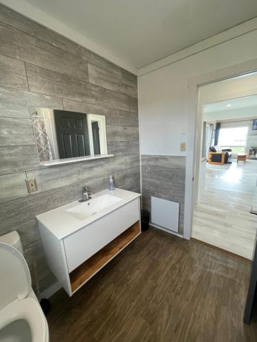 Amherst Cove Cottage # 5 في Borden-Carleton: حمام مع حوض غسيل أبيض ومرحاض