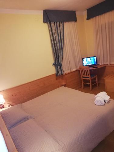 a bedroom with a bed and a chair and a television at CAMERE LARICE in Auronzo di Cadore