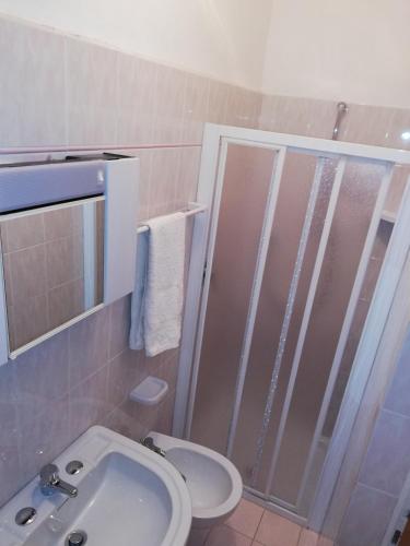 uma casa de banho com um chuveiro, um WC e um lavatório. em CAMERE LARICE em Auronzo di Cadore
