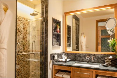 a bathroom with a shower and a sink at Taj Theog Resort & Spa Shimla in Shimla