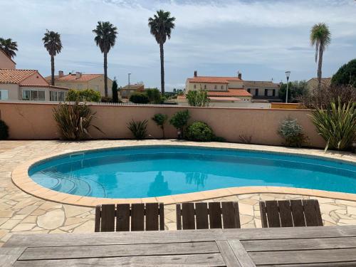 - une piscine dans un patio planté de palmiers dans l'établissement Villa familiale Saint Cyprien plage, à Saint-Cyprien