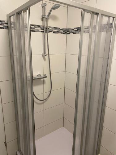 a shower with a glass door in a bathroom at Hotel Braunlage in Braunlage
