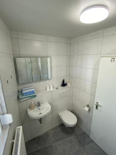 a white bathroom with a toilet and a sink at Hotel Braunlage in Braunlage