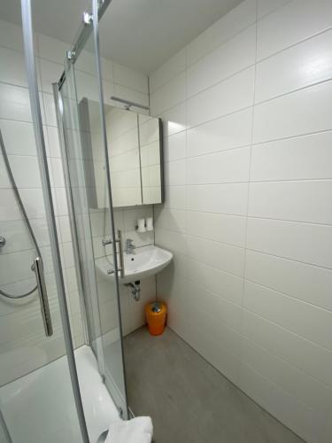 a small bathroom with a sink and a shower at Hotel Braunlage in Braunlage