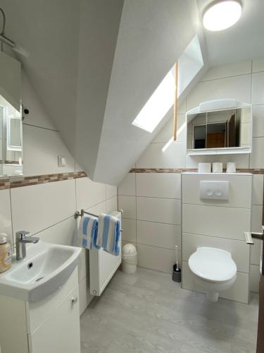 a white bathroom with a sink and a toilet at Hotel Braunlage in Braunlage