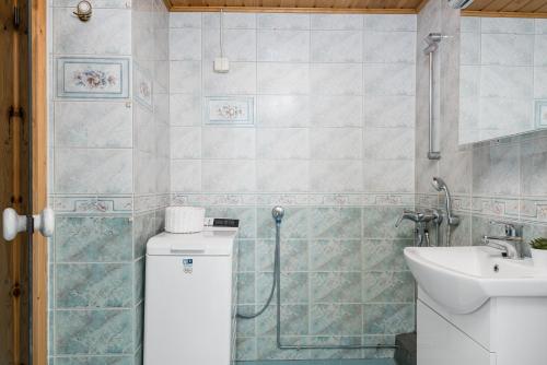 ein Bad mit einem Waschbecken und einer Dusche in der Unterkunft Apartments Borg Dyyni in Pori
