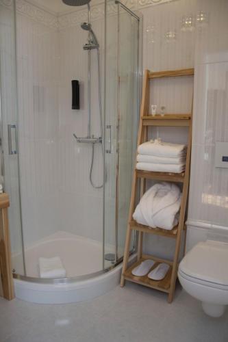 a bathroom with a shower and a toilet and towels at Willa Sepia SPA in Wisła