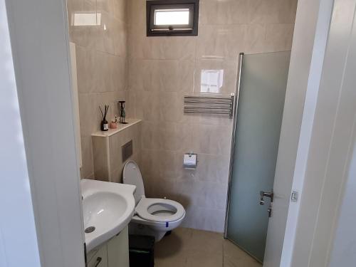 La petite salle de bains est pourvue de toilettes et d'un lavabo. dans l'établissement Penthouse In The City, à Rechovot