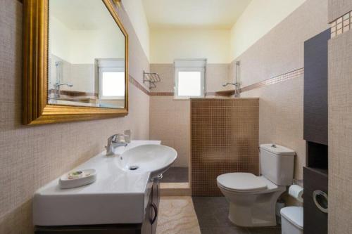 a bathroom with a sink and a toilet and a mirror at Cathrin Beachfront Villa in Plimmiri