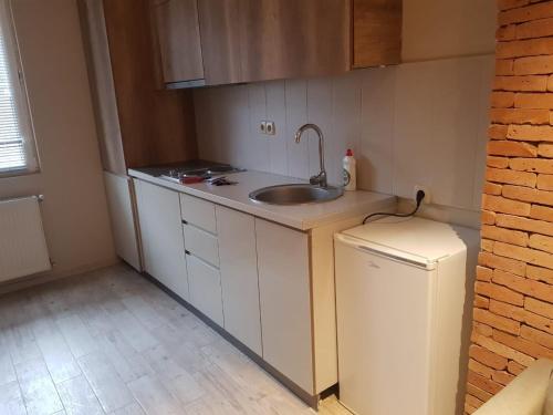 a small kitchen with a sink and a refrigerator at D and D hotel in Tbilisi City